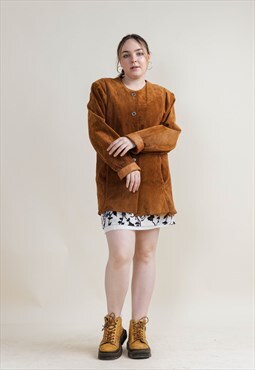 Vintage 70s Boxy Fit Round Neck Brown Suede Jacket Oversized