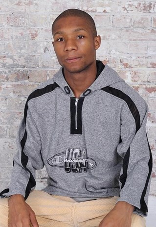 VINTAGE CHAMPION USA BIG LOGO SPELLOUT 1/4 ZIPHOODIE GREY