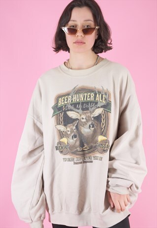 VINTAGE SWEATSHIRT JUMPER IN BEIGE WITH DEER PRINT