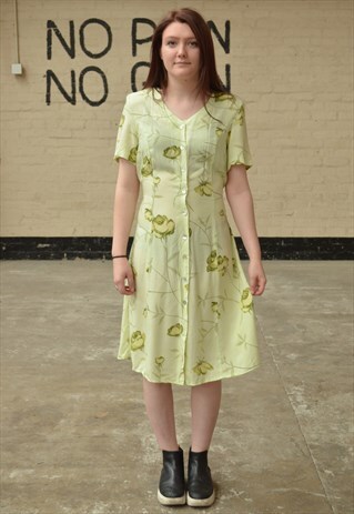 VINTAGE GREEN FLORAL BUTTON UP MIDI DRESS