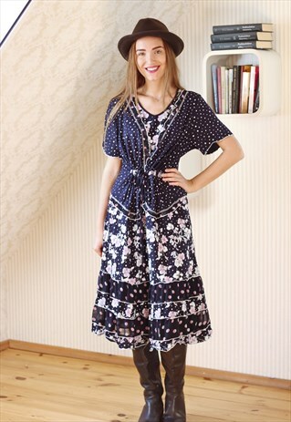 NAVY FLORA DOT SHORT SLEEVE DRESS