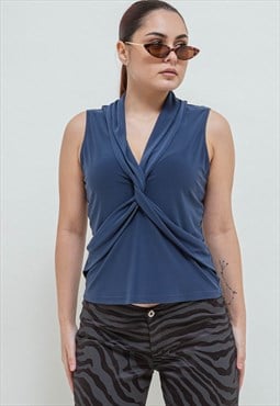 Vintage Y2k Blue Sleeveless V Neck Wrap Fitted Top M