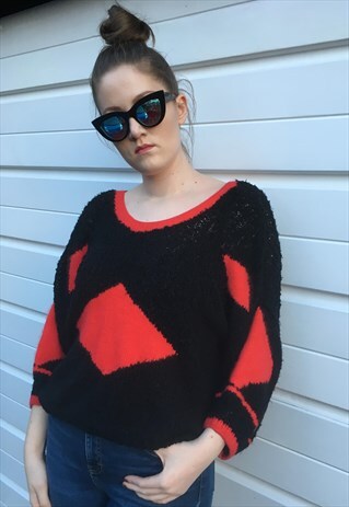 WOMENS VINTAGE 80S JUMPER RED BLACK OVERSIZED SWEATER TOP