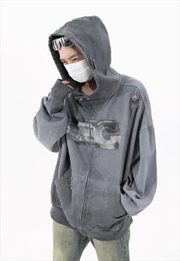 Grunge hoodie vintage wash pullover utility top in acid grey