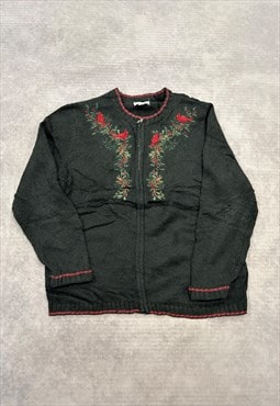 Vintage Knitted Cardigan Embroidered Birds Patterned Knit 