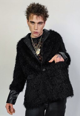 Faux fur blazer PU leather sleeves jacket fluffy luxury coat