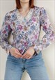VINTAGE PUFFY SLEEVE LACE COLLAR WATERCOLOR FLORAL BLOUSE S
