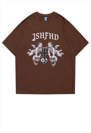 ANGELS T-SHIRT SAINT PRINT TEE GRUNGE SKULL TOP IN BROWN