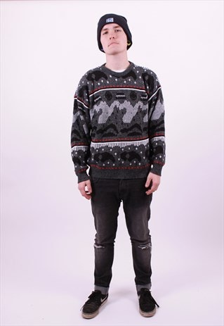 VINTAGE 80'S GREY CRAZY PATTERN JUMPER MEDIUM UNISEX