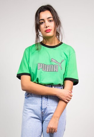 VINTAGE 90'S BRIGHT GREEN PUMA RINGER T-SHIRT
