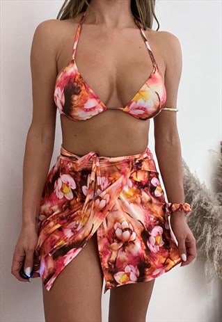 Triangle Bikini & Wrap Skirt Set in Pink Mix Floral