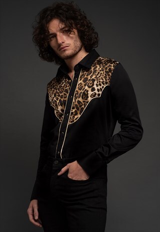 MENS BLACK LEOPARD WESTERN PANEL SHIT ROCK N ROLL