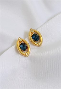  Christian Dior Earrings Gold Blue Clip on Vintage Sapphire 