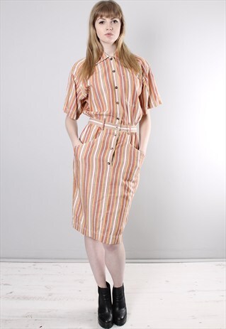 VINTAGE 80S ORANGE STRIPE DENIM SHIRT DRESS