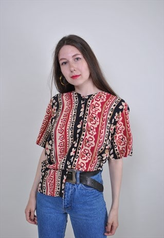 FLOWERS PRINT SHIRT 1990S 1980S BLACK RED SUMMER SHORT