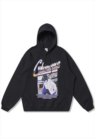 ANIME PRINT HOODIE RETRO JAPANESE CARTOON PULLOVER IN BLACK
