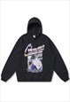 Anime print hoodie retro Japanese cartoon pullover in black