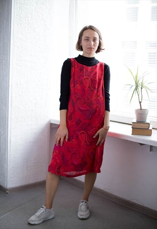 VINTAGE 80'S PAISLEY PRINT MIDI SLEEVELESS DRESS IN RED