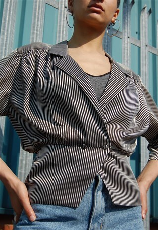 80S BLACK AND GREY STRIPE BLOUSE WITH TRIANGLE CUTOUT