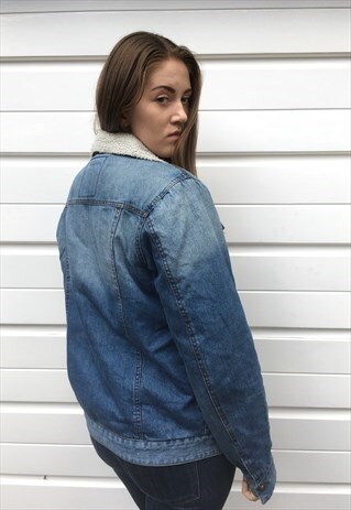 WOMENS BLUE DENIM JACKET FAUX FUR SHERPA SHEARLING COLLAR