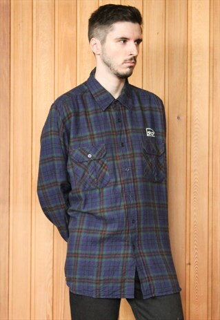VINTAGE BLUE AND GREEN CHECKED FLANNEL SHIRT