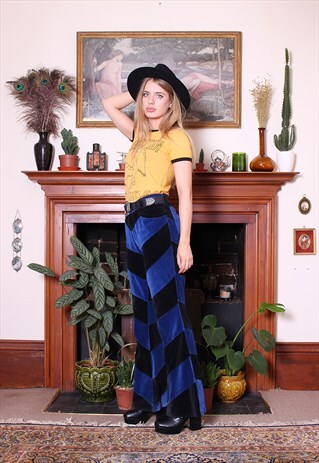 VINTAGE 90S BLUE BLACK PATCHWORK VELVET FLARED TROUSERS