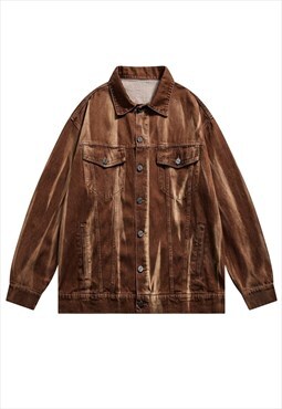 Stone wash denim jacket tie-dye jean bomber in brown