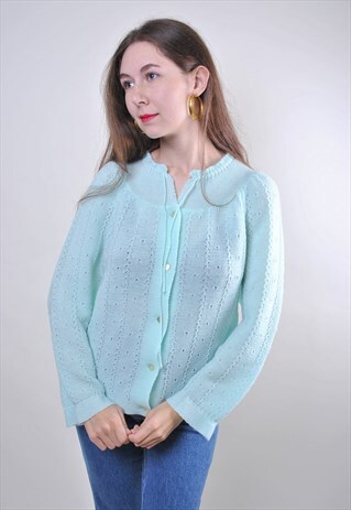 VINTAGE 80S WOMAN BLUE BUTTONS KNIT SWEATER