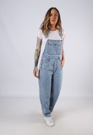 VINTAGE DENIM DUNGAREES WIDE TAPERED LEG UK 10 SMALL (GC1F)