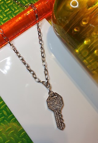 SILVER TONE DIAMANTE KEY NECKLACE