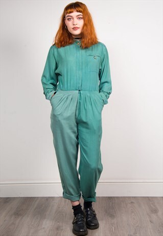 VINTAGE 80'S GREEN LONG SLEEVE SILK JUMPSUIT