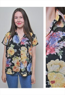 Vintage flowers blouse, woman floral shirt 90s 80s summer 