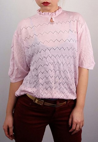 VINTAGE 90'S HIGH NECK GIRLY KNIT TOP IN POWDER PINK