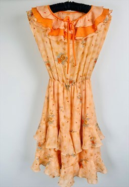 70's Vintage Ladies Dress Orange Floral Ruffle Sleeveless