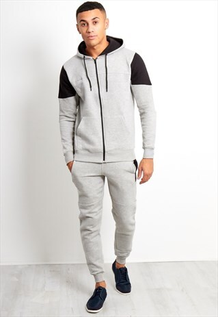 MENS GREY SHOULDER SPLICED PANEL TRACKSUIT