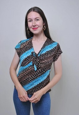 Vintage striped brown blouse, 90s holiday summer blue shirt