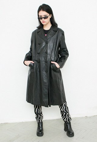 VINTAGE LEATHER COAT DOUBLE BREASTED BLACK JACKET BELTED 90S