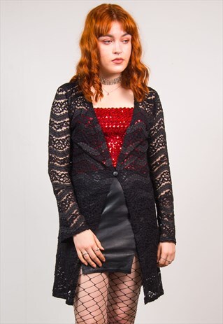 VINTAGE 90'S BLACK LACE FLORAL MESH GRUNGE LONG CARDIGAN