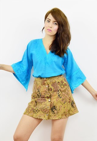 VINTAGE 90S BRIGHT BLUE EMBROIDERED HIPPY TOP