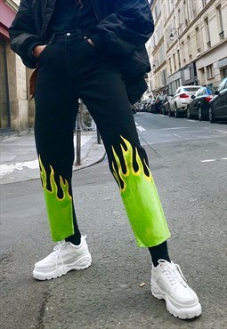  vintage jeans in black with green neon flames