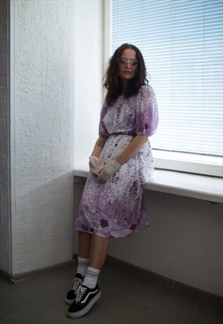 VINTAGE 80'S PURPLE/WHITE MIDI PUFF SLEEVED DRESS