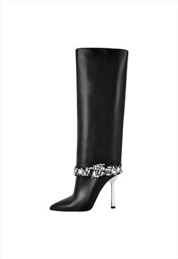 Rhinestone Strap High Metal Stiletto Thigh Boots