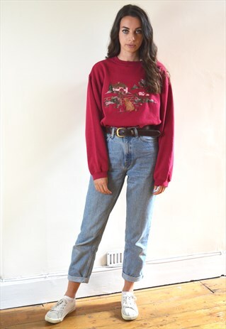 90S VINTAGE DARK PINK EMBROIDERED SWEATSHIRT JUMPER
