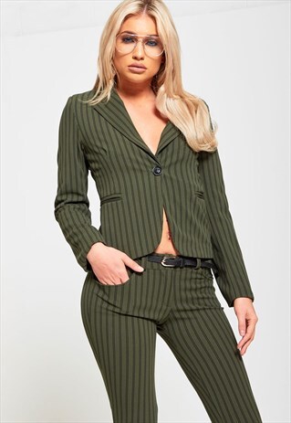 GREEN STRIPED SLIM FIT BLAZER AND TROUSER SUIT