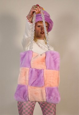 Pink & Purple Checkerboard Faux Fur Tote Bag