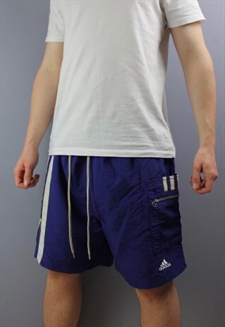 VINTAGE ADIDAS SHORTS IN BLUE WITH EMBROIDERED LOGO, ZIP POC