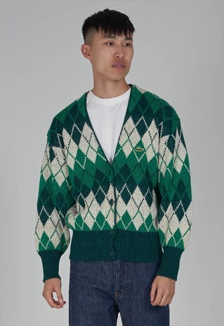 VINTAGE 80'S LACOSTE GREEN ARGYLL PRINT CARDIGAN