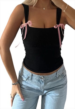 BLACK ELEANOR TOP WITH PINK VELVET RIBBONS