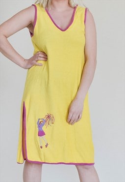Vintage 80s Sleeveless V-neck Beach Towel Dress in Yellow S