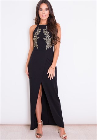 LOTTIE GOLD FLORAL APPLIQUE MAXI DRESS BLACK